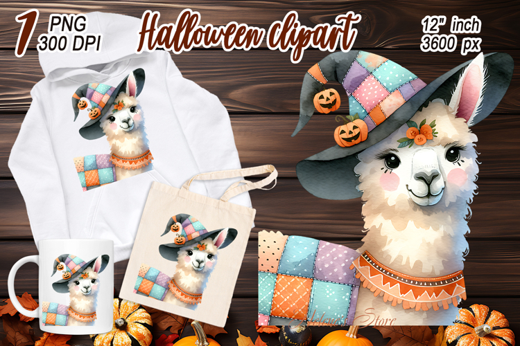 Halloween Llama in patchwork hat clipart png | Fall Animals