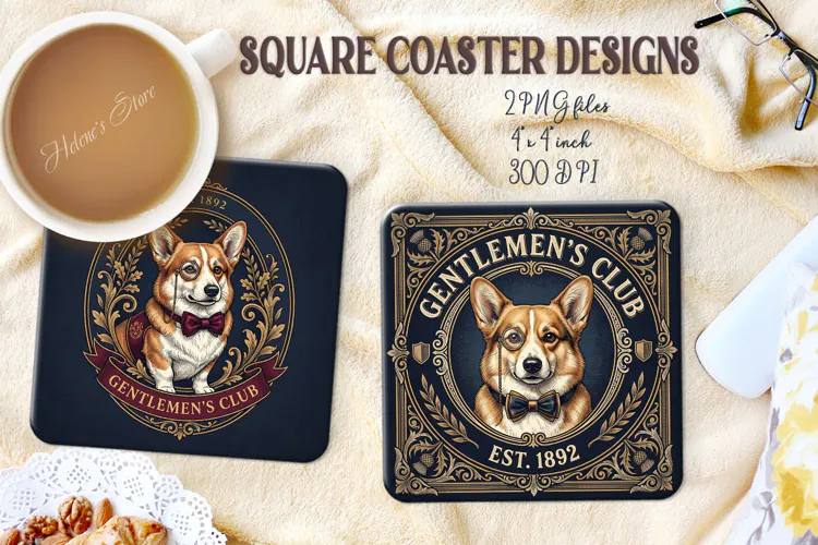 Vintage Gentlemen Dog square coasters sublimation design png