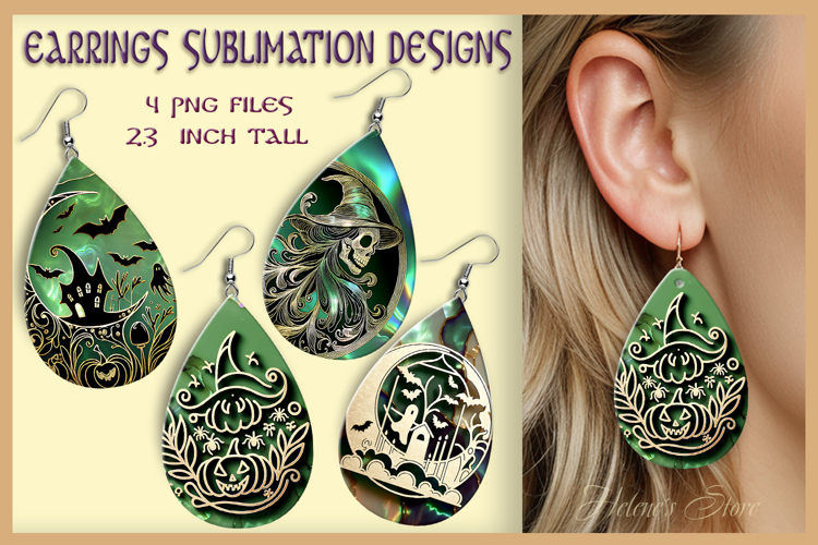 Green Gold Halloween earrings |Teardrop earring sublimation