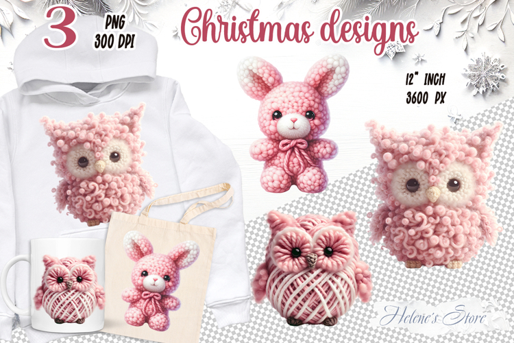 Pink Christmas crochet yarn toy clipart|Cute sublimation png
