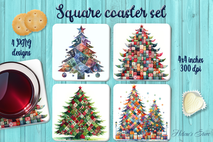 Patchwork Christmas tree square coasters sublimation png