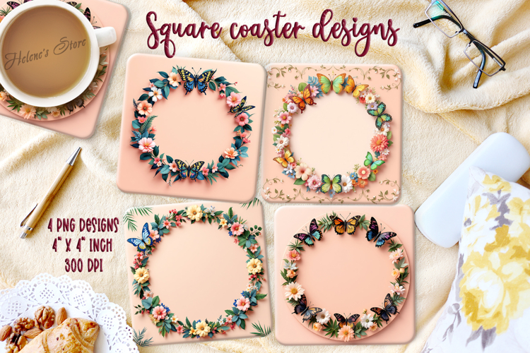 Fantasy butterfly on floral frame square coaster design png