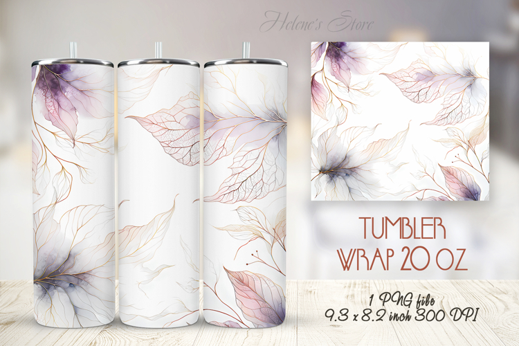 Pink watercolor leaves straight tumbler 20oz wrap designs