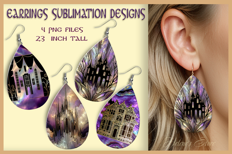 Purple Halloween house earrings|Teardrop earring sublimation