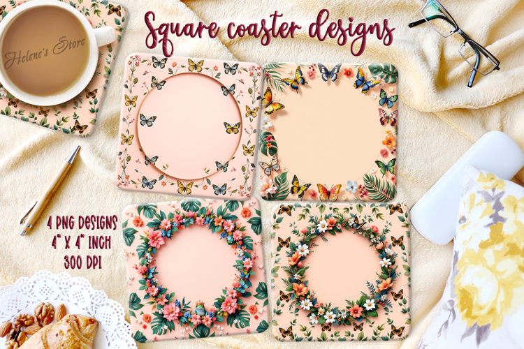 Fantasy butterfly on floral frame square coaster design png