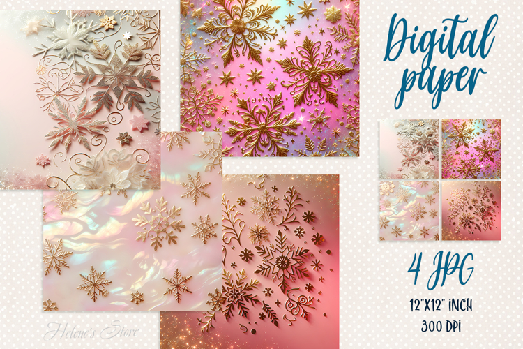 Christmas gold snowflakes digital paper | Pink Scrap booking
