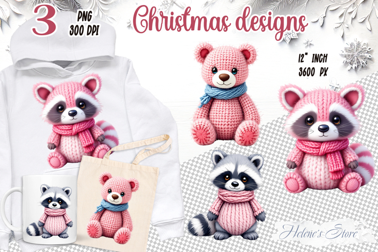 Pink Christmas crochet yarn toy clipart|Cute sublimation png