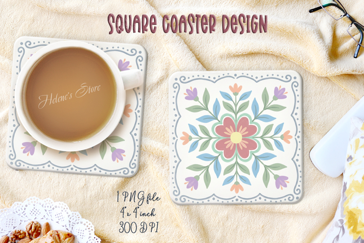 Pastel floral retro folk tile pattern square coaster designs