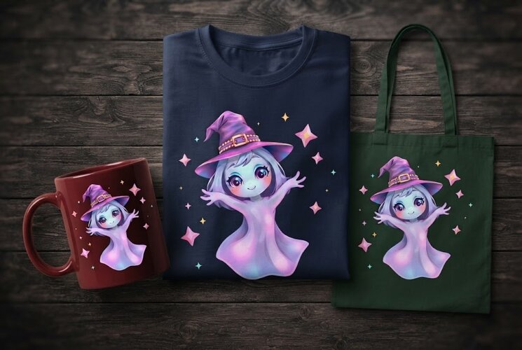 Pastel Witch Ghost PNG with Sparkles | Cute Halloween example image 1