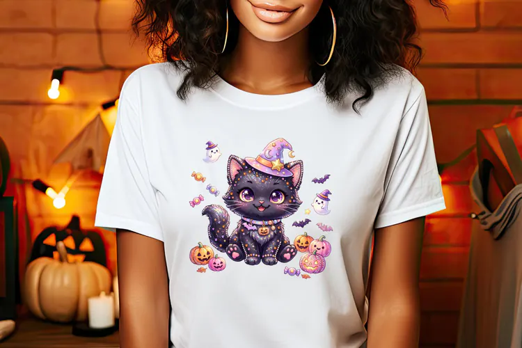 Cute Halloween clipart | Kawaii black cat sublimation design