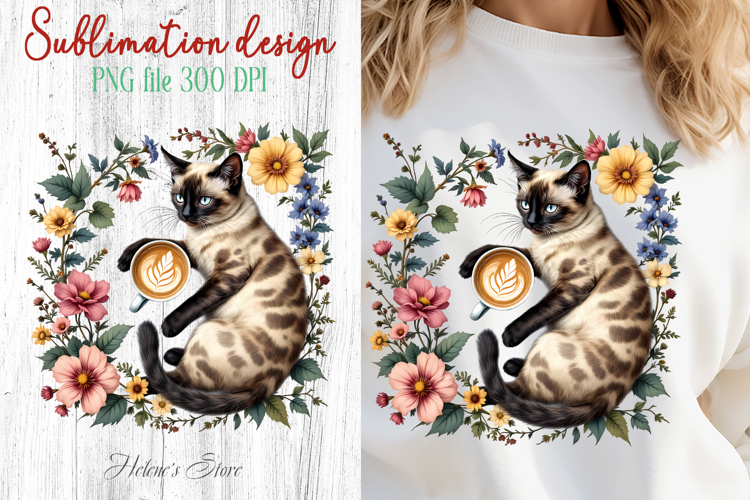 Coffee   cat in flowers sublimation design| Cute cat clipart