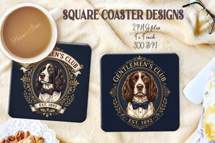 Vintage Gentlemen Dog square coasters sublimation design png