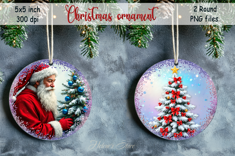Santa Claus and Christmas tree round ornament designs png