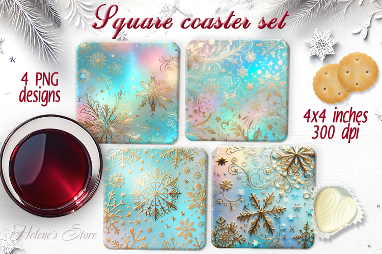 Magic Christmas snowflakes square coaster sublimation png