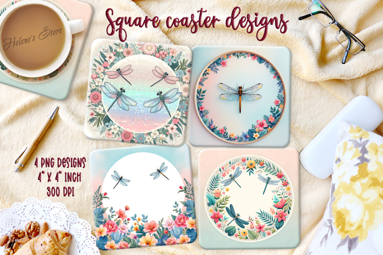 Fantasy dragonfly in floral frame square coaster design png