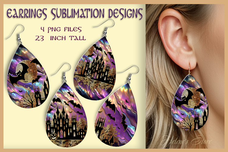 Purple Halloween house earrings|Teardrop earring sublimation