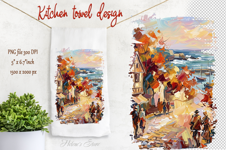 Autumn town design | Farmhouse kitchen tea towel png