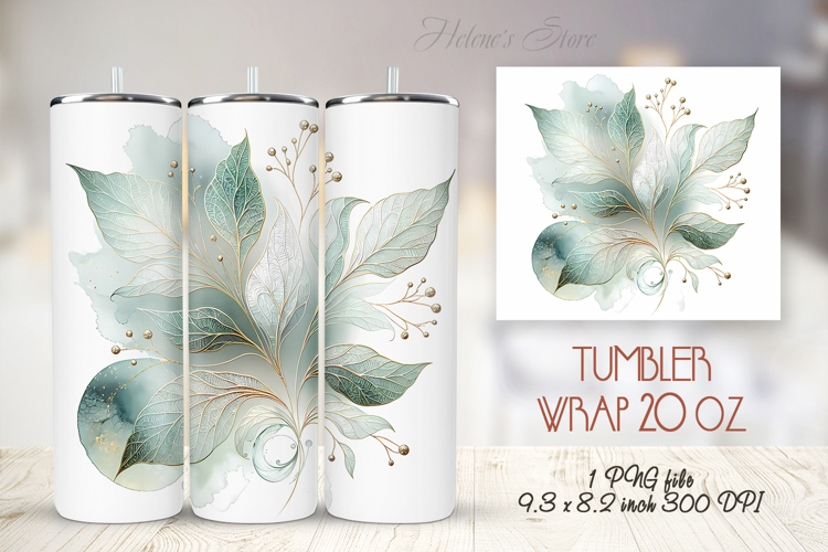 Green watercolor leaves straight tumbler 20oz wrap designs