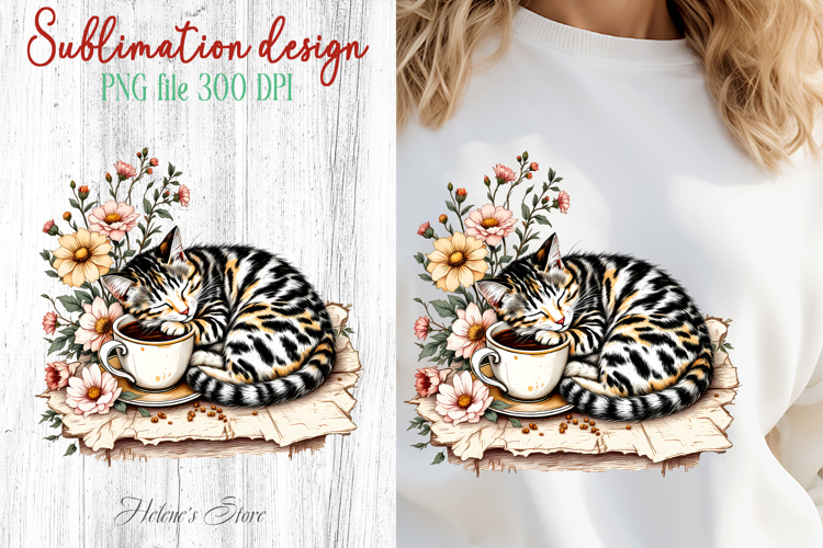 Coffee   cat in flowers sublimation design| Cute cat clipart