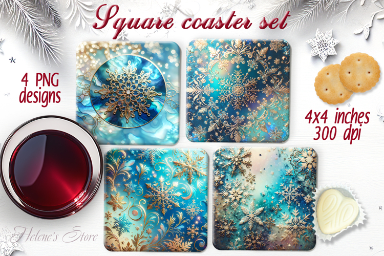 Magic Christmas snowflakes square coaster sublimation png