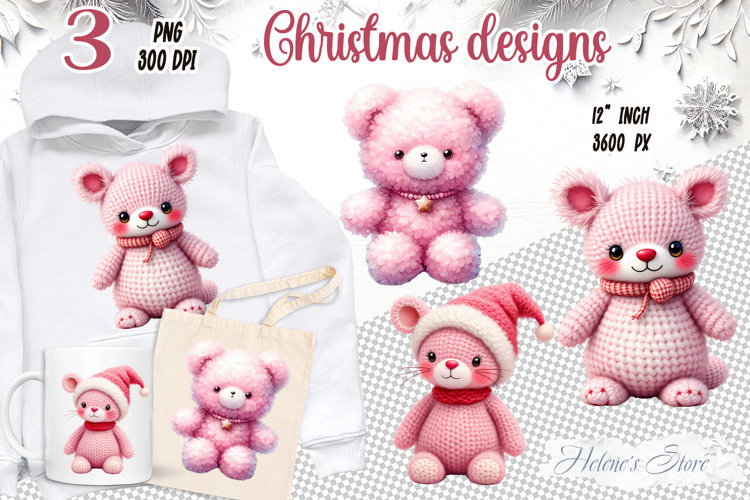 Pink Christmas crochet yarn toy clipart|Cute sublimation png