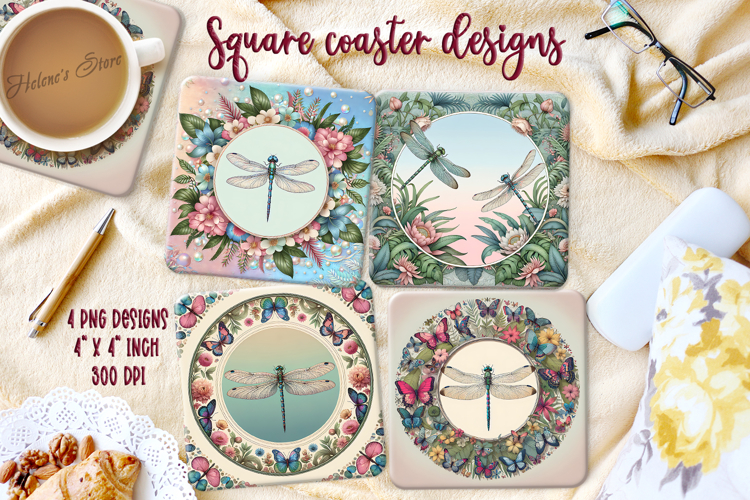 Fantasy dragonfly in floral frame square coaster design png