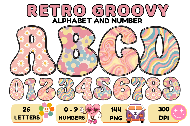 Retro Groovy Alphabert PNG 70s Numbers & Letters 300 DPI