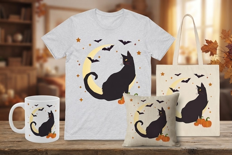Halloween Black Cat PNG | Moon, Bats & Pumpkin Clipart