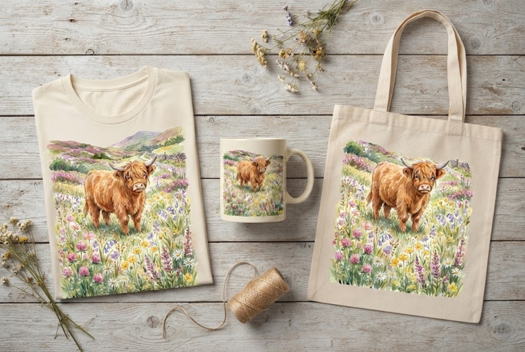 Highland Cow Wildflower Meadow Watercolor Art Print