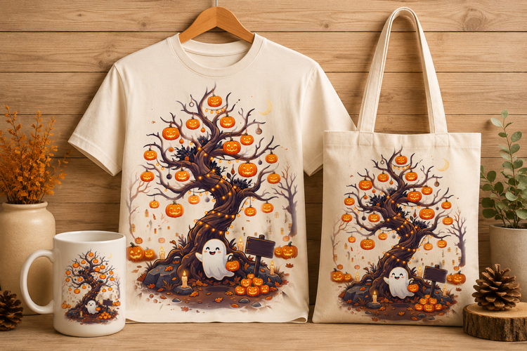 Spooky Halloween Tree with Cute Ghost and Pumpkins Art