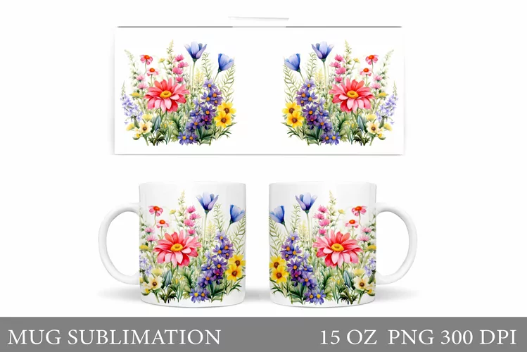Wildflowers Mug Sublimation. Flowers Mug Wrap Design