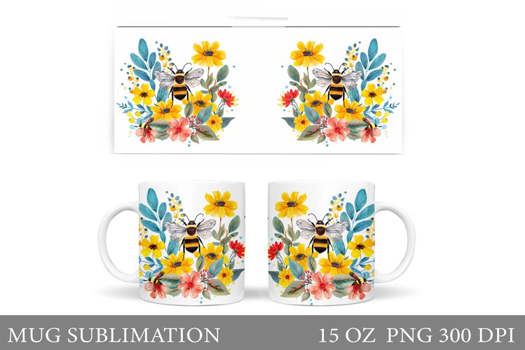 Bee Mug Sublimation. Flowers Mug Design