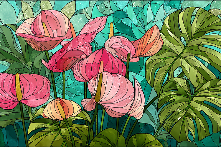 Pink Anthurium Floral Stained Glass Art