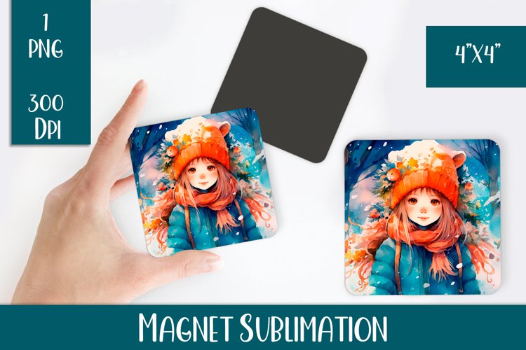 Christmas Winter Girls Magnet. Winter Square Magnet Design