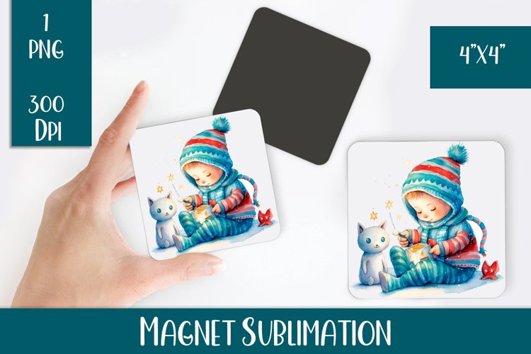 Christmas Winter Girls Magnet. Winter Square Magnet Design