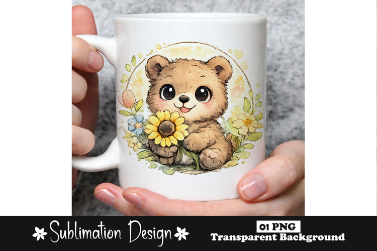 Cute Teddy Bear With Sunflower Watercolor Animal Sublimation