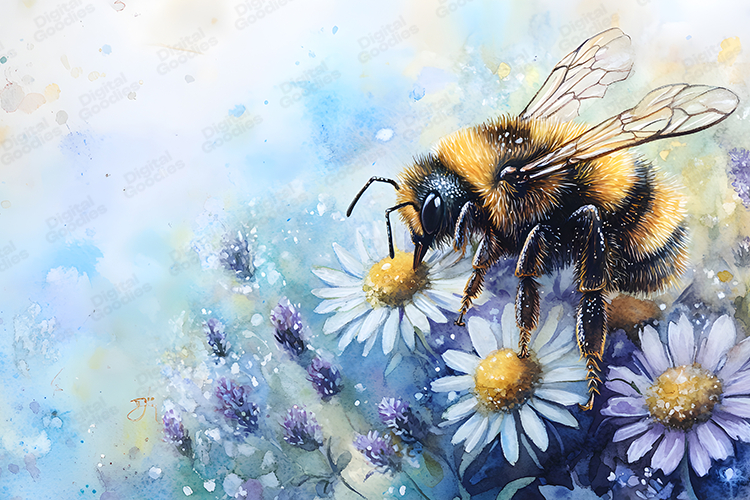Watercolor Bee on Flowers Beautiful Nature Art Background