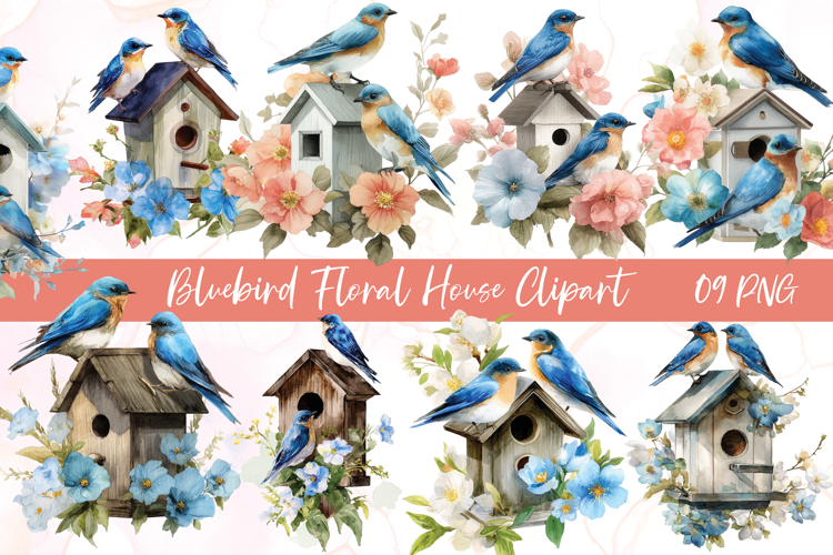 Blue bird floral house watercolor clipart sublimation