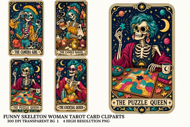Funny Skeleton Women Tarot PNG Gothic Halloween Sublimation example image 1