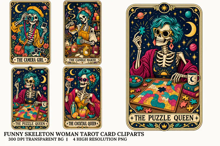 Funny Skeleton Women Tarot PNG Gothic Halloween Sublimation