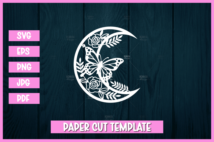 Butterfly Floral Crescent Moon Papercut Template SVG