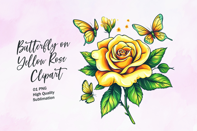 Yellow rose with butterfly watercolor clipart sublimation