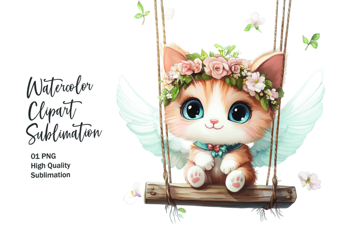 Cute cat sitting in wooden swing clipart png