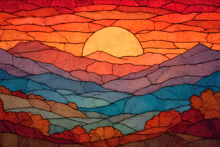 Stained Glass Sunset Landscape Colorful Artistic Design