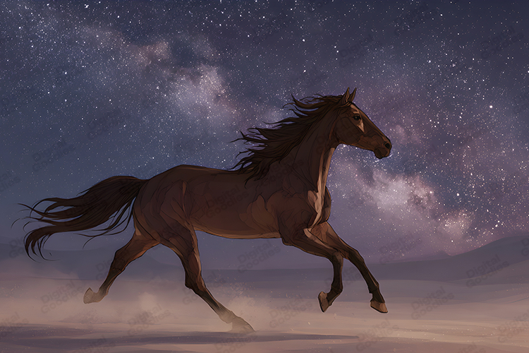 Running Horse at Night Sky Magical Fantasy Landscape Art