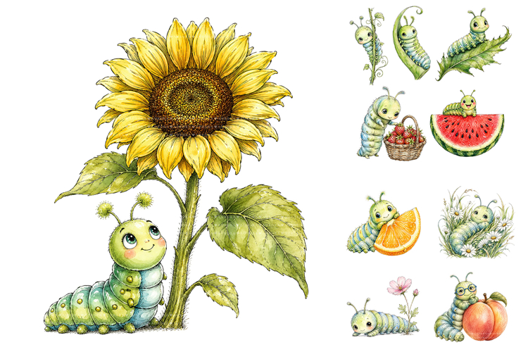 Whimsical Caterpillar Clipart Bundle, Nursery Sublimation