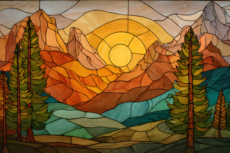 Stained Glass Mountain Sunrise Scenic Landscape Art