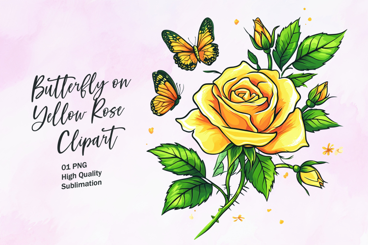 Yellow rose with butterfly watercolor clipart sublimation