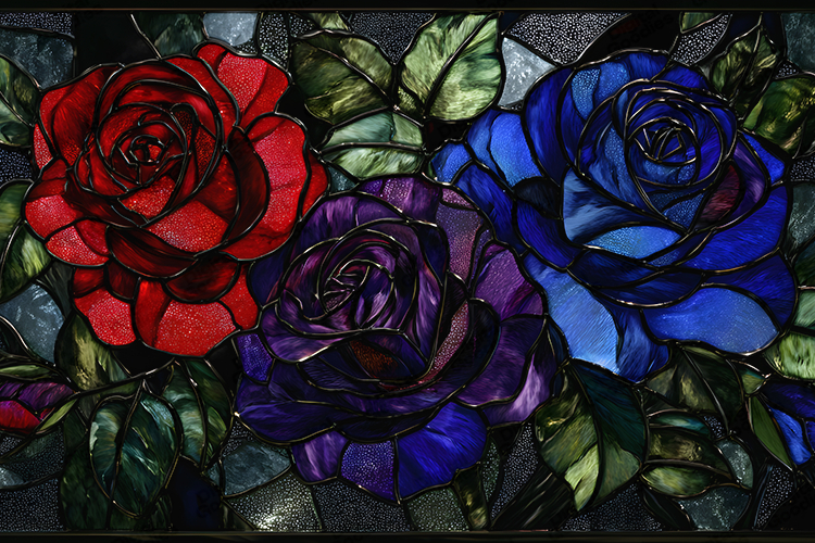 Stained Glass Roses Art Red Blue Purple Floral Design