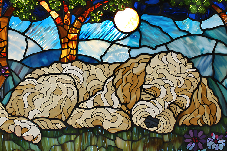Stained Glass Puppy Art - Moonlit Nature Scene Design